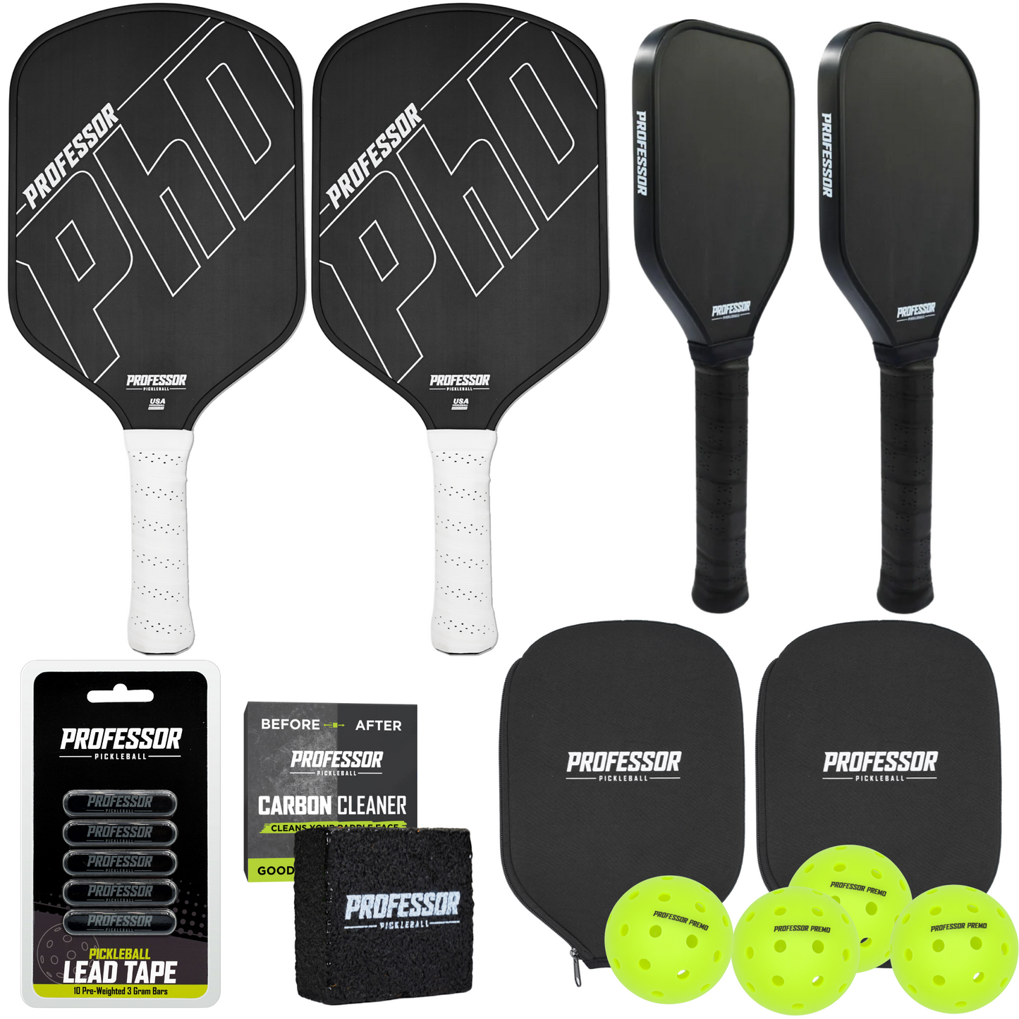 Professor Pickleball PHD Black Edge Bundle - 2 PHD, 2 Training Paddles, 2 Paddle Covers, 4-Pack of Pickleballs, and Paddle Eraser