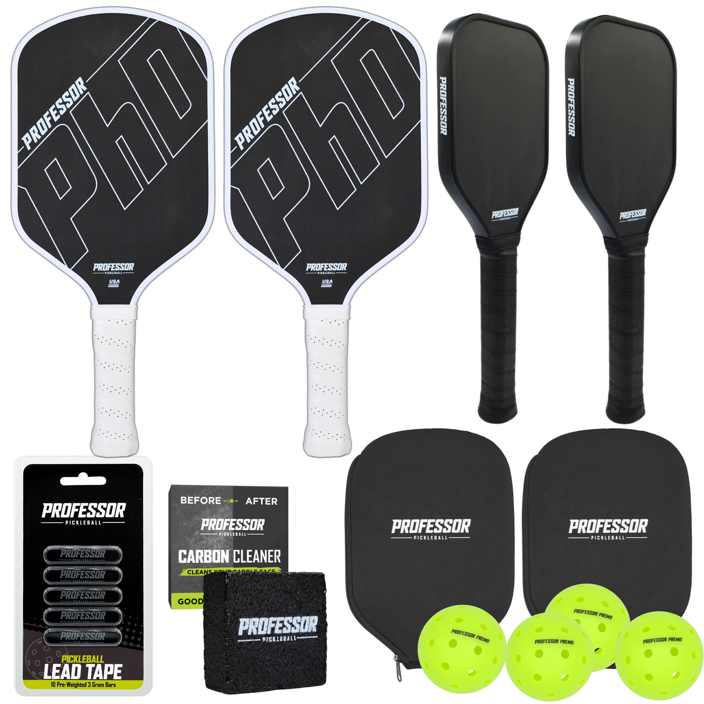 Professor Pickleball PHD White Edge Bundle - 2 PHD, 2 Training Paddles, 2 Paddle Covers, 4-Pack of Pickleballs, and Paddle Eraser