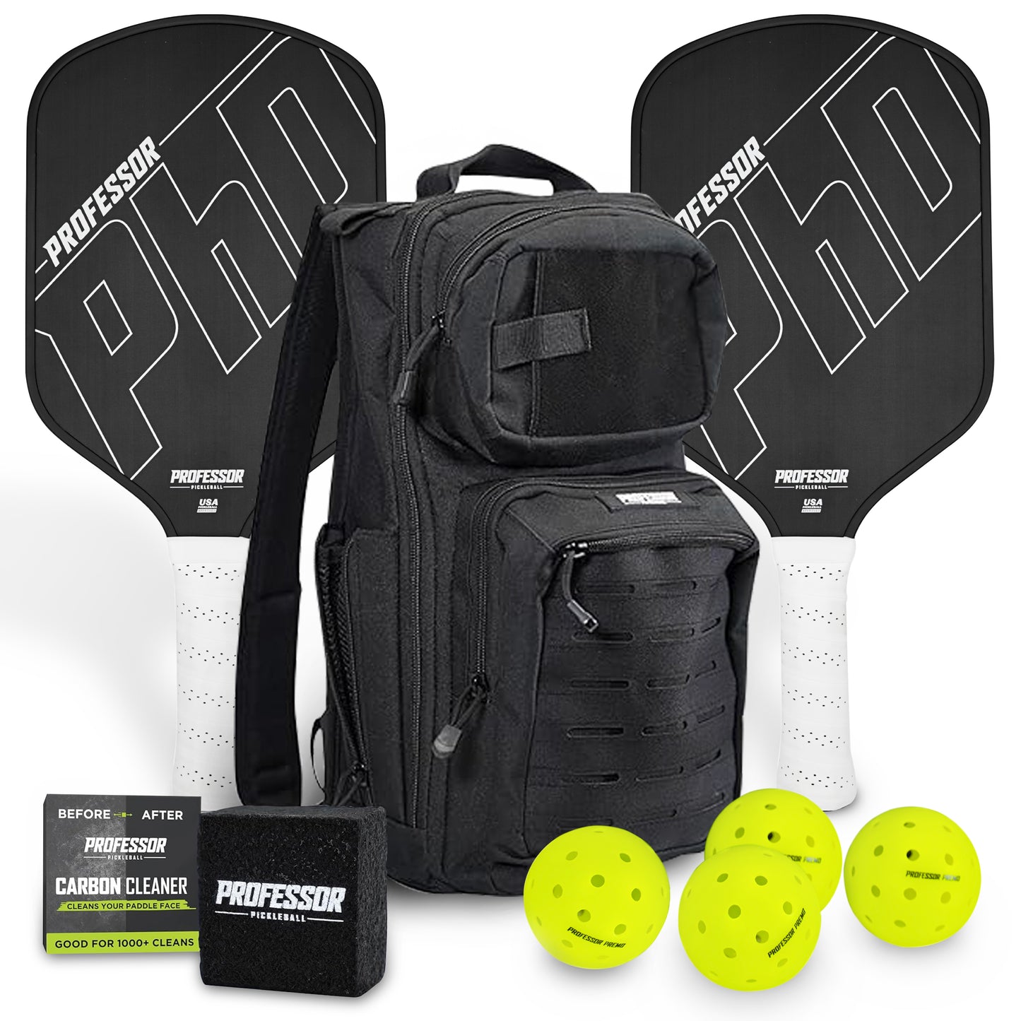 Professor Pickleball PHD Black Edge Bundle - 2 PHD, Court Commander Backpack, 4-Pack of Pickleballs, Pickleball Paddle Eraser