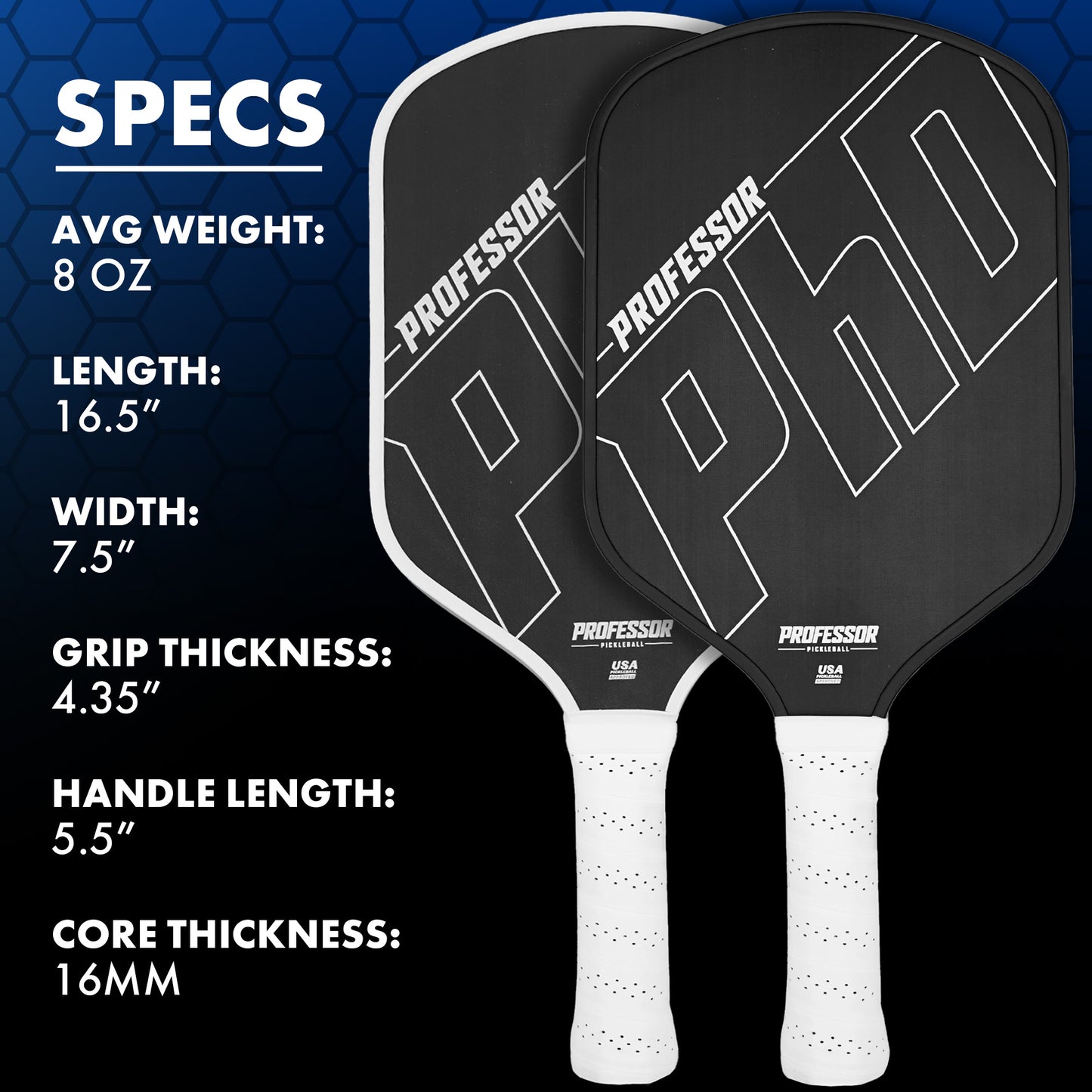 Professor Pickleball PHD White Edge Bundle - 2 PHD, Court Commander Backpack, 4-Pack of Pickleballs, Pickleball Paddle Eraser